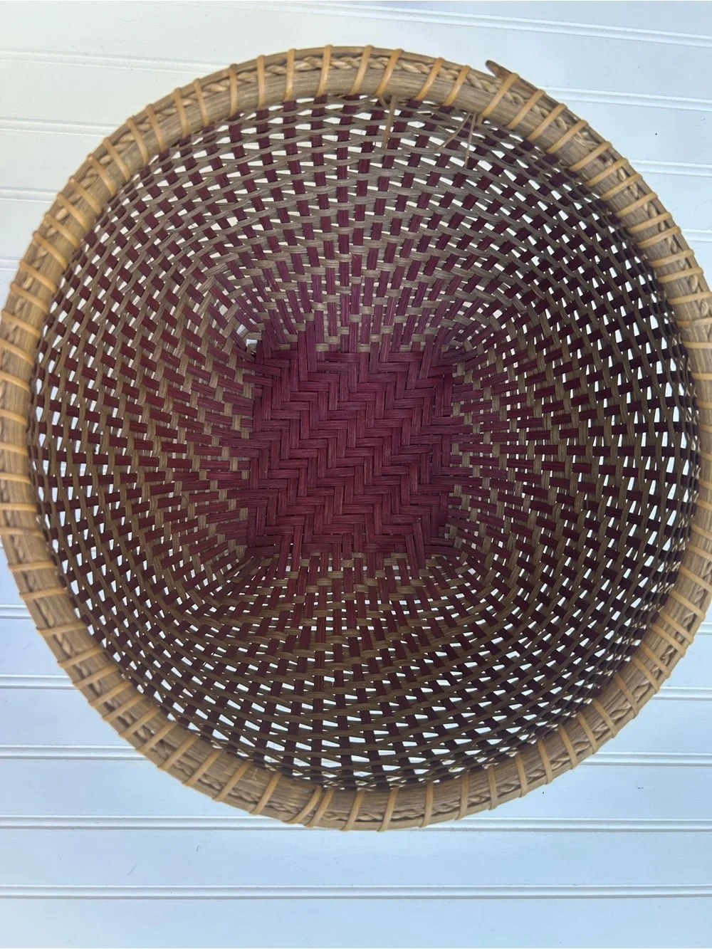 Vintage Basket Hand Woven Round Decorative Storage Brown Red Accents  9x14